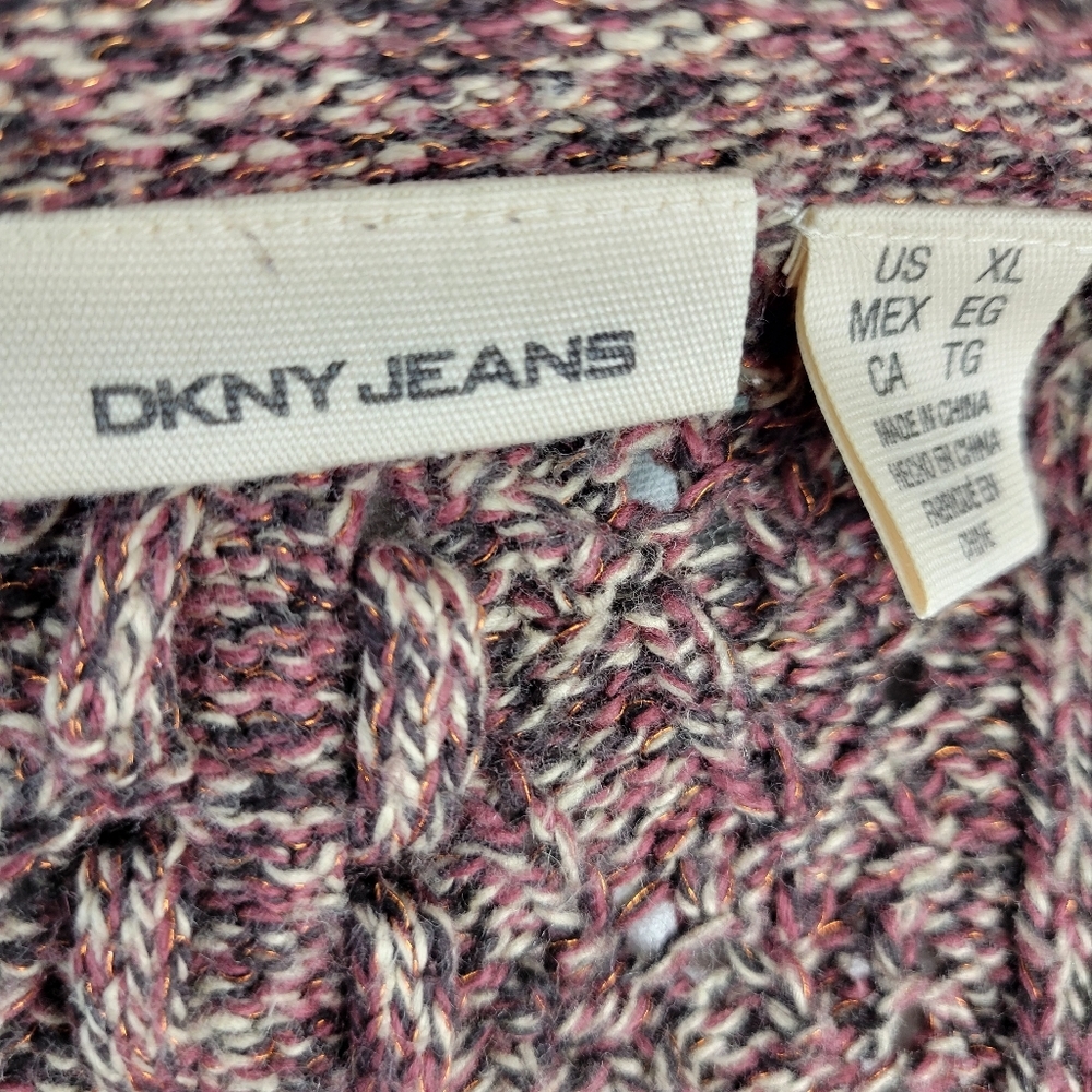 DKNY Jean Cardigan Cotton Blend Flower Embellishment Marled Pink Brown Size XL - Picture 11 of 15